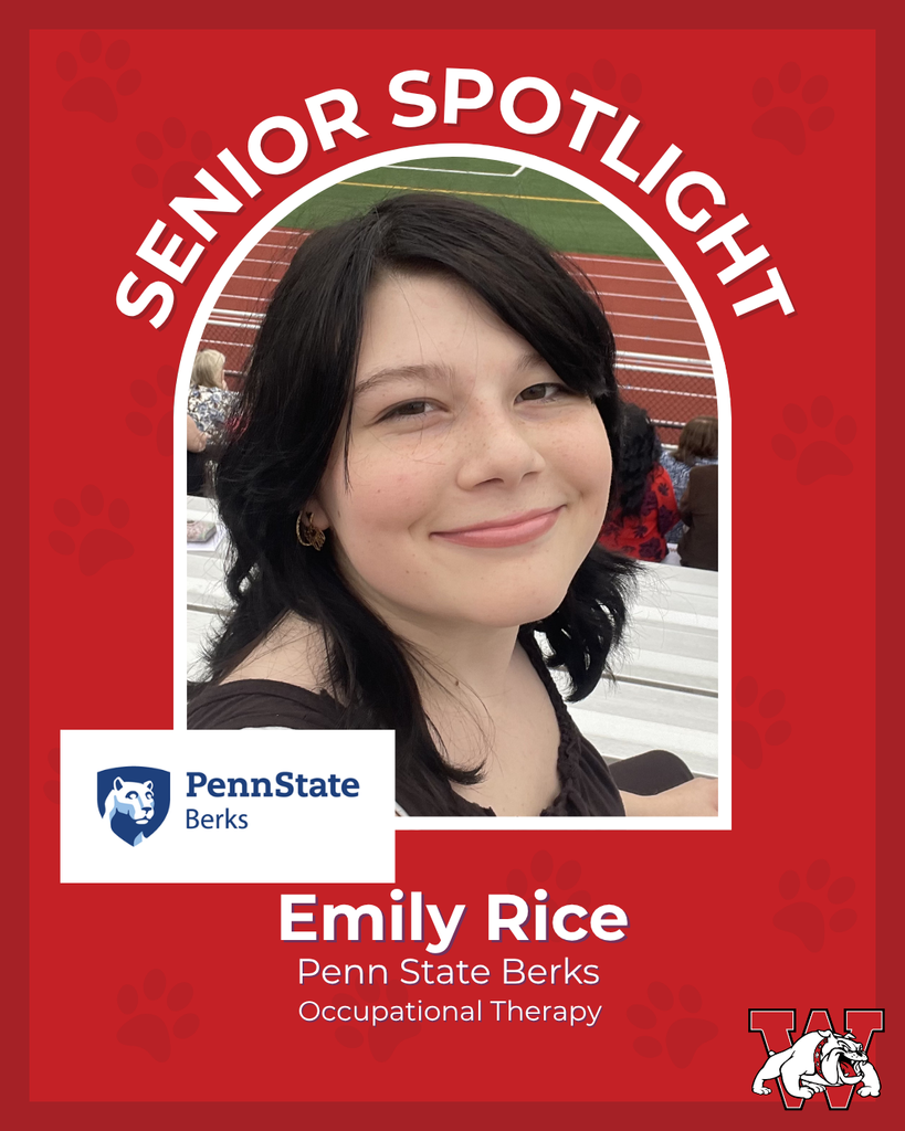red graphic with paw prints with a students photo in the middle with their college logo in the corner along with their major and then a wilson logo on the other corner emily rice penn state berks occupational therapy