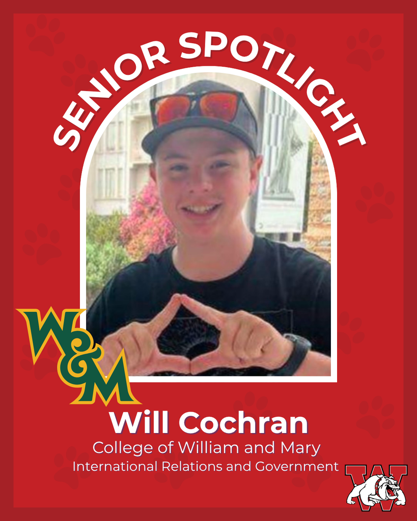 red graphic with paw prints with a students photo in the middle with their college logo in the corner along with their major and then a wilson logo on the other corner will cochran college of william and mary international relations and government