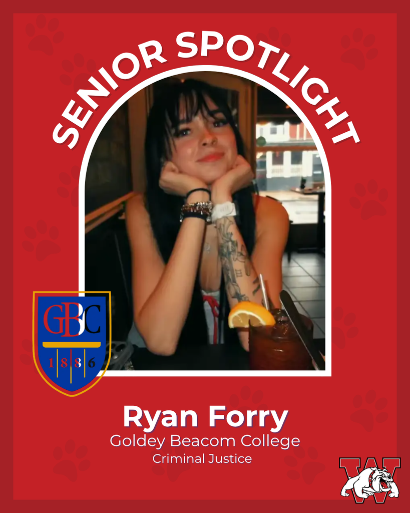 red graphic with paw prints with a students photo in the middle with their college logo in the corner along with their major and then a wilson logo on the other corner ryan forry goldey beacom college criminal justice