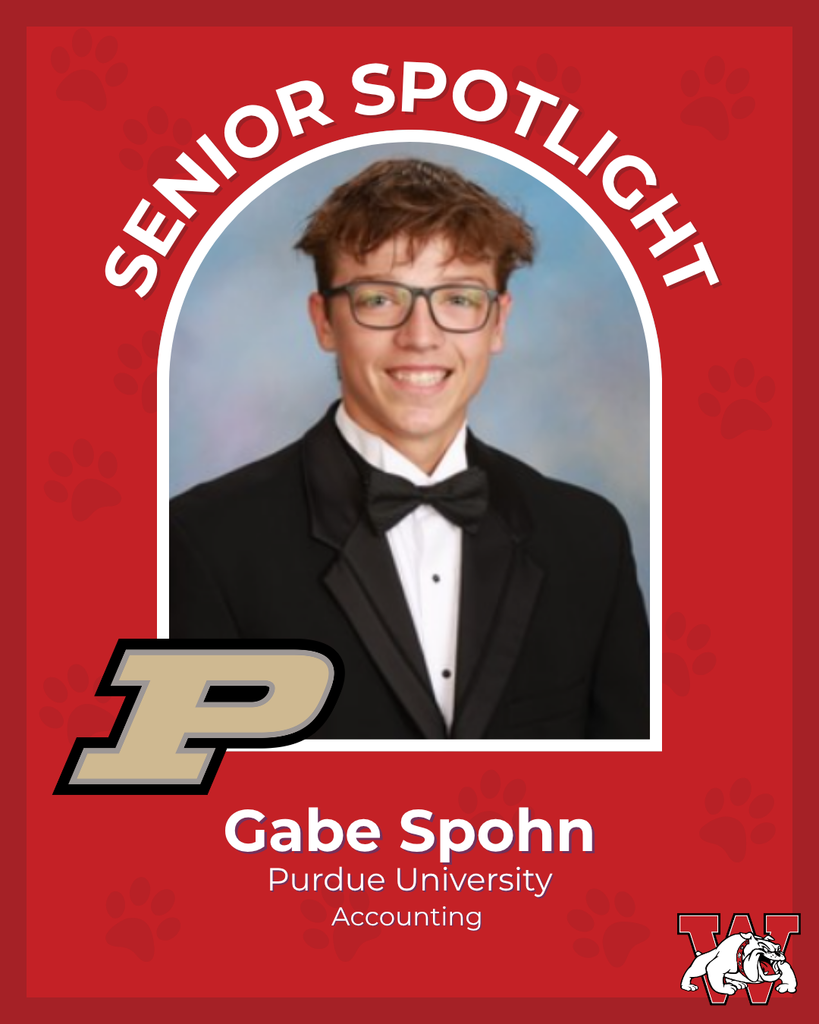 red graphic with paw prints with a students photo in the middle with their college logo in the corner along with their major and then a wilson logo on the other corner gabe spohn purdue university accounting