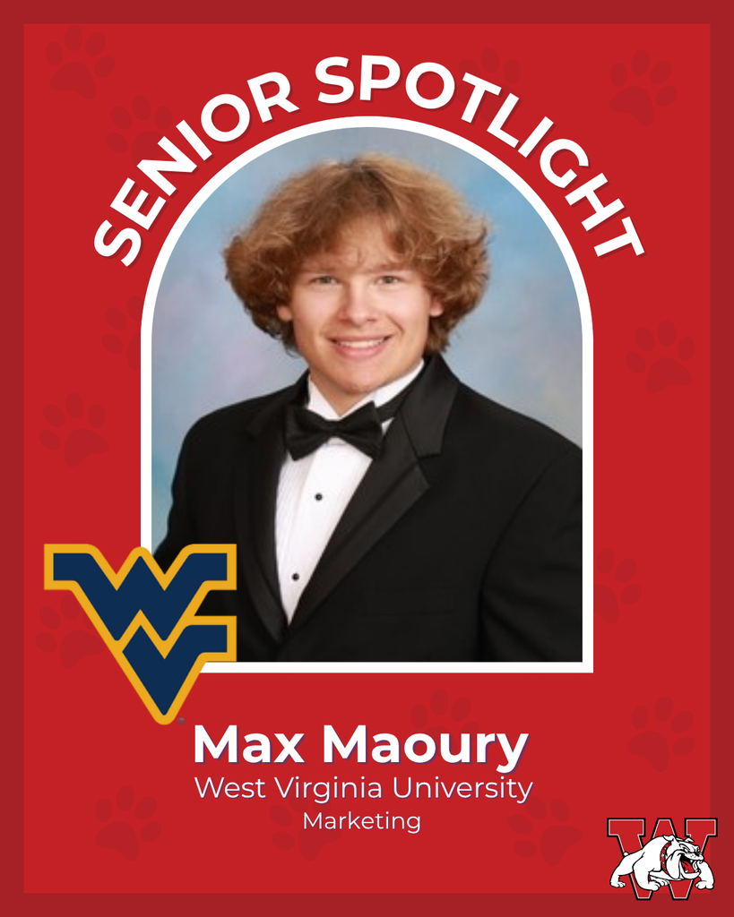 red graphic with paw prints with a students photo in the middle with their college logo in the corner along with their major and then a wilson logo on the other corner  max maoury west virginia university marketing