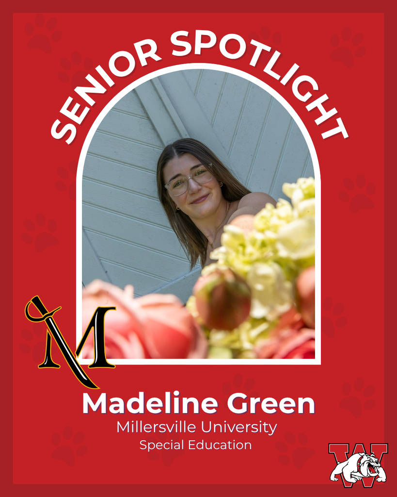 red graphic with paw prints with a students photo in the middle with their college logo in the corner along with their major and then a wilson logo on the other corner  madeline green millersville university special education 