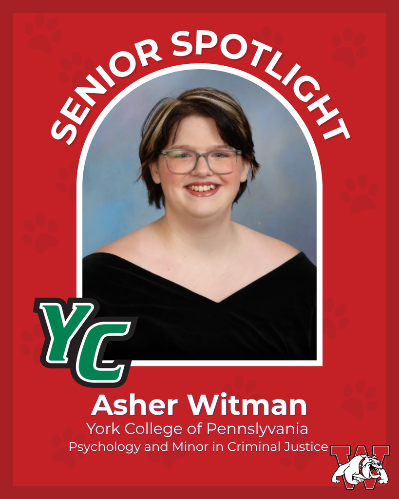 red graphic with paw prints with a students photo in the middle with their college logo in the corner along with their major and then a wilson logo on the other corner asher witman york college of pennsylvania psychology and minor in criminal justice