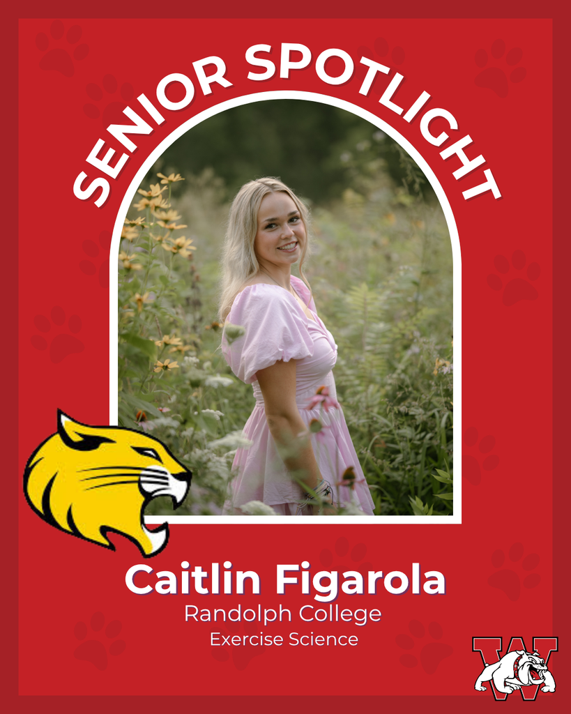 red graphic with paw prints with a students photo in the middle with their college logo in the corner along with their major and then a wilson logo on the other corner caitlin figarola Randolph college exercise science