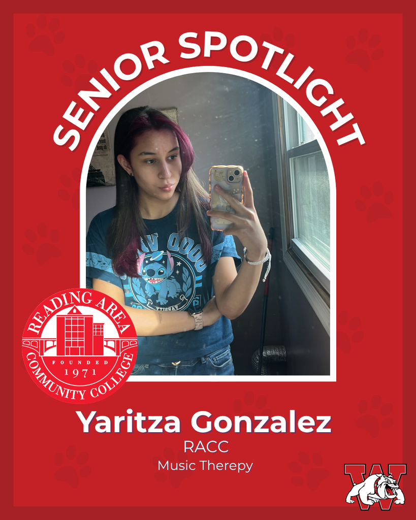 red graphic with paw prints with a students photo in the middle with their college logo in the corner along with their major and then a wilson logo on the other corner yaritza gonzalez RACC music therapy 