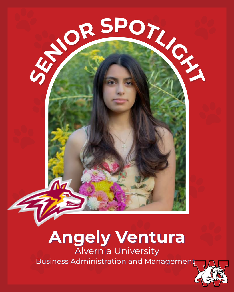 red graphic with paw prints with a students photo in the middle with their college logo in the corner along with their major and then a wilson logo on the other corner angely ventura alvernia university buisness administration and managment 