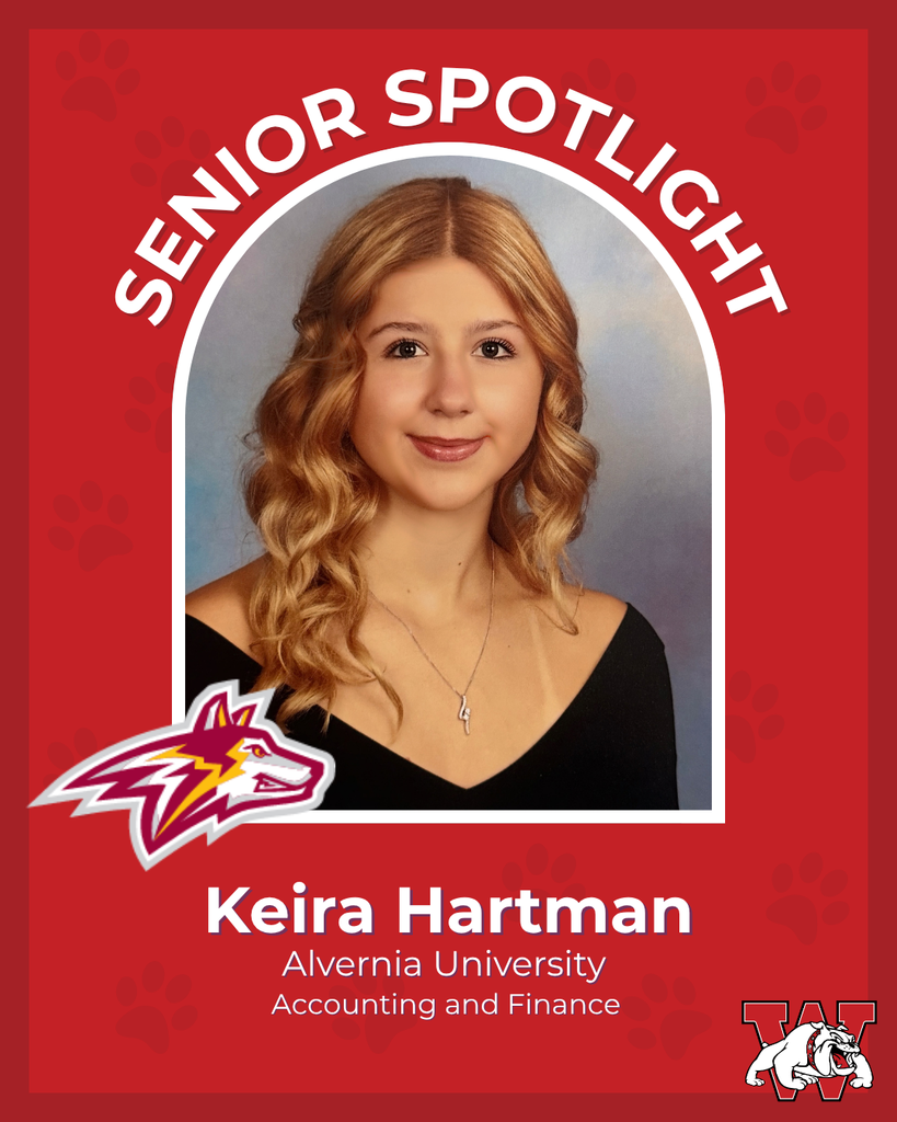 red graphic with paw prints with a students photo in the middle with their college logo in the corner along with their major and then a wilson logo on the other corner kiera hartman alvernia university accouting and finance