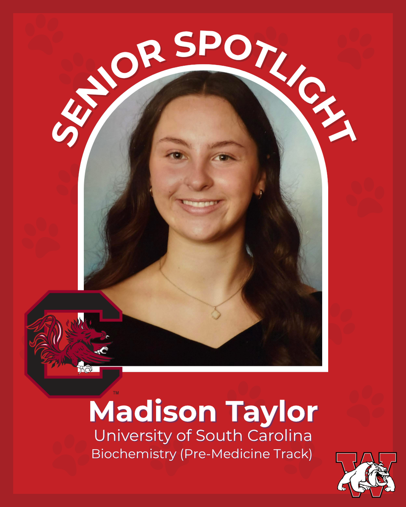 red graphic with paw prints with a students photo in the middle with their college logo in the corner along with their major and then a wilson logo on the other corner  madison taylor university of south caronlina biochemisty (pre medicine track) 