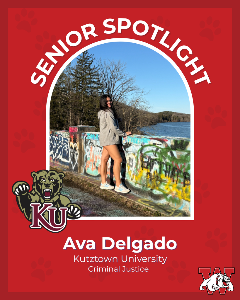 red graphic with paw prints with a students photo in the middle with their college logo in the corner along with their major and then a wilson logo on the other corner ava delgado kutztown university criminal justice