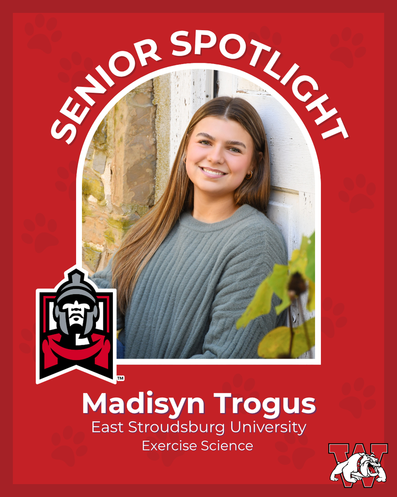 red graphic with paw prints with a students photo in the middle with their college logo in the corner along with their major and then a wilson logo on the other corner madisyn trogus east stroudsburg university execise sceince 