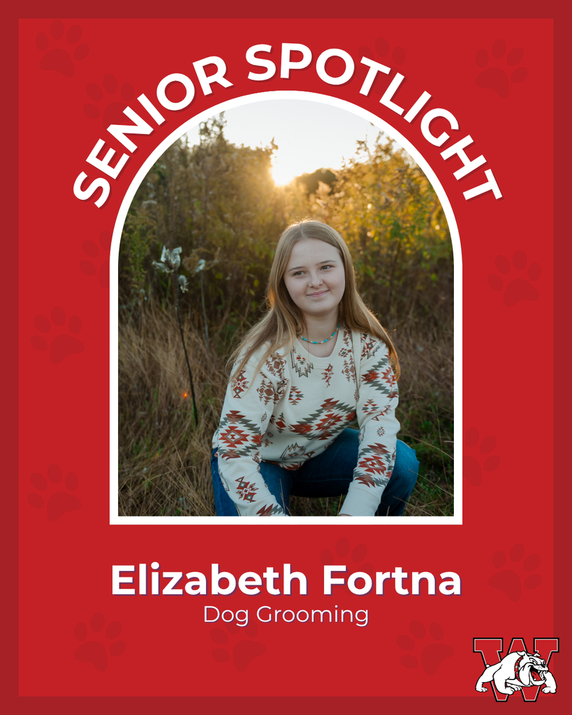 red graphic with paw prints with a students photo in the middle with their college logo in the corner along with their major and then a wilson logo on the other corner elizabeth fortna dog grooming 
