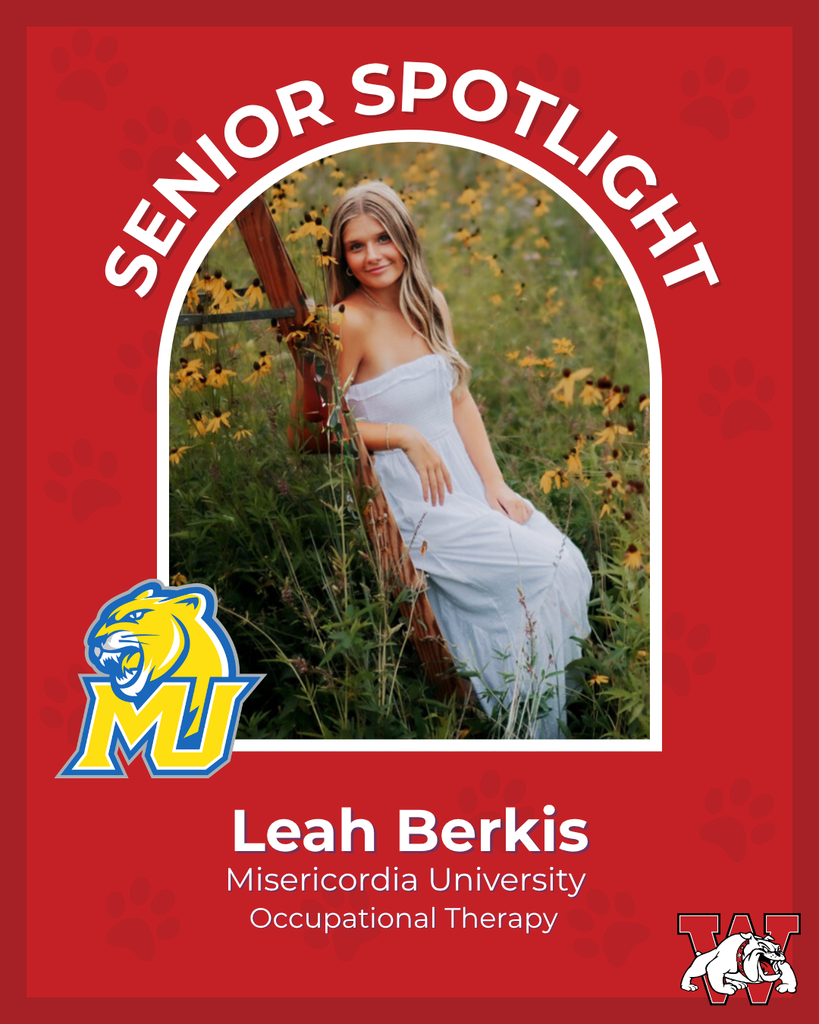 red graphic with paw prints with a students photo in the middle with their college logo in the corner along with their major and then a wilson logo on the other corner leah berkis misericordia univerisity occupational therapy