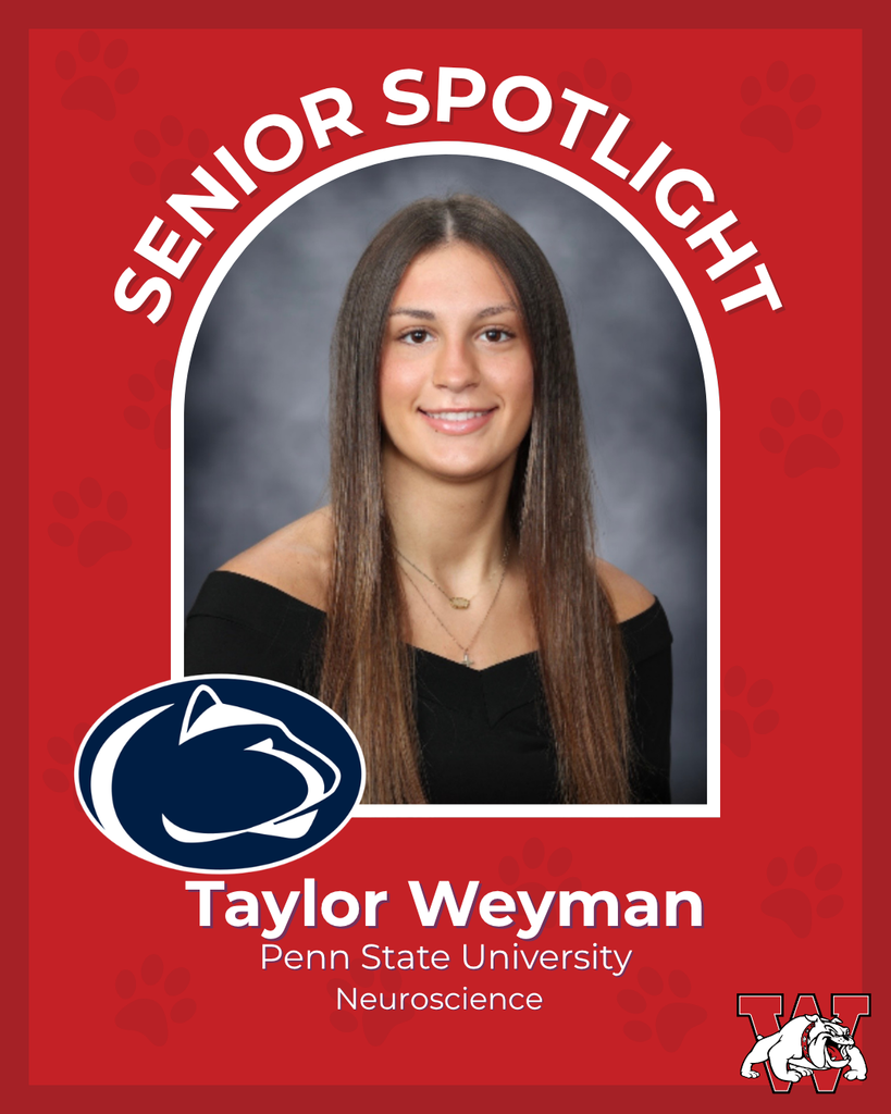 red graphic with paw prints with a students photo in the middle with their college logo in the corner along with their major and then a wilson logo on the other corner taylor weyman penn state university neuroscience
