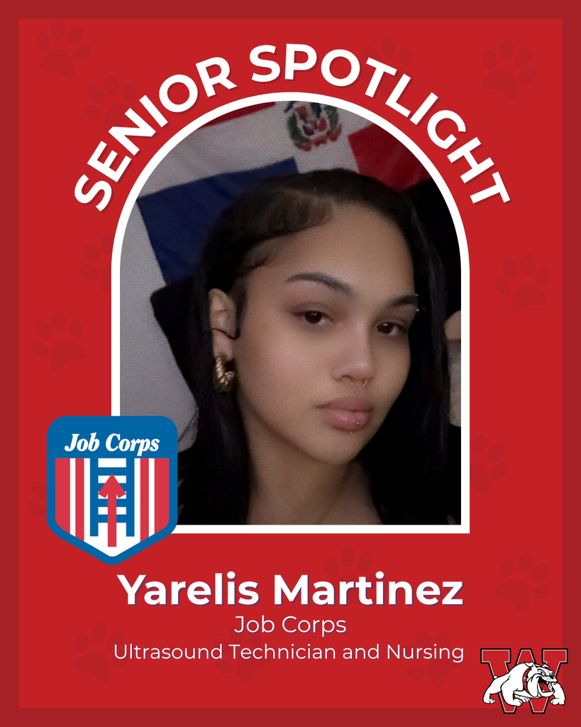 red graphic with paw prints with a students photo in the middle with their college logo in the corner along with their major and then a wilson logo on the other corner yarelis metinez job corps ulatrasound technician and nursing