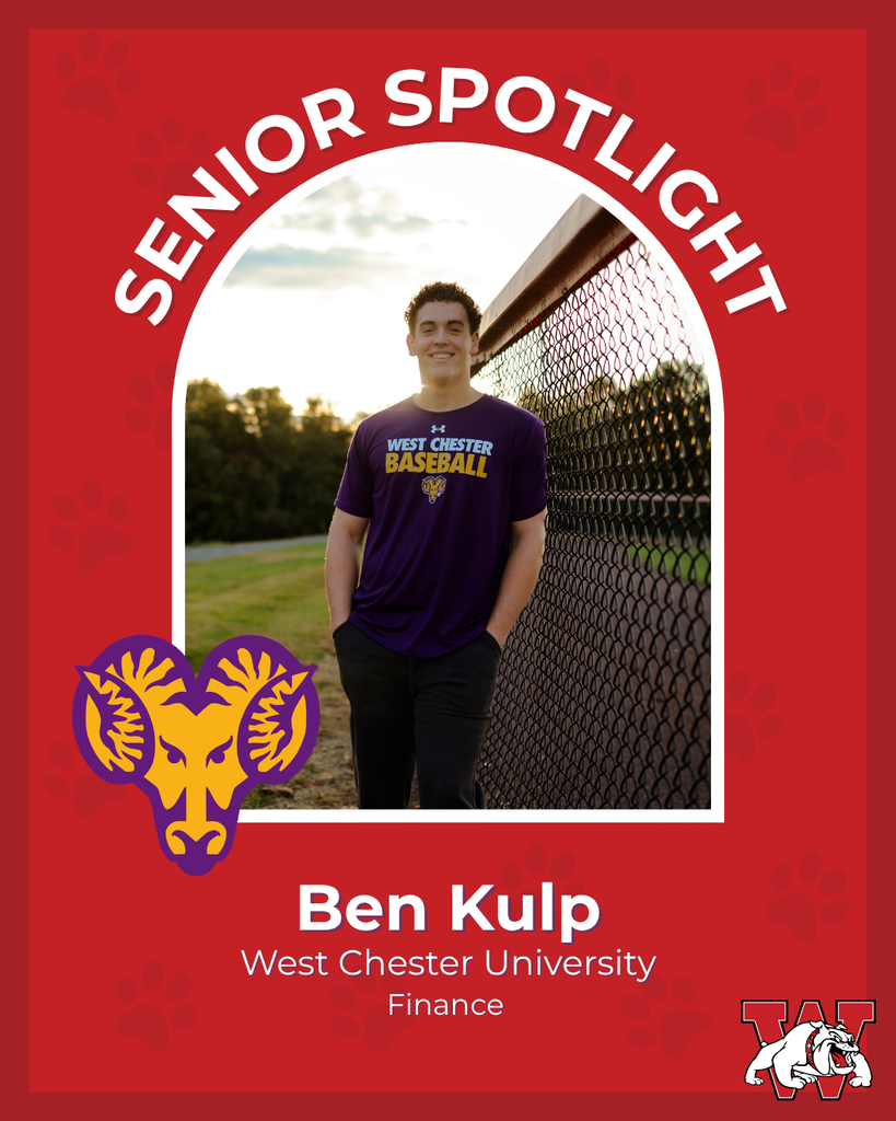 red graphic with paw prints with a students photo in the middle with their college logo in the corner along with their major and then a wilson logo on the other corner ben kulp west chester university finance