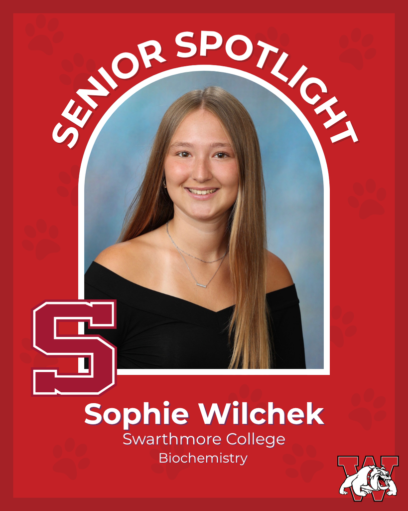 red graphic with paw prints with a students photo in the middle with their college logo in the corner along with their major and then a wilson logo on the other corner sophie wilchek swarthmore college biochemistry