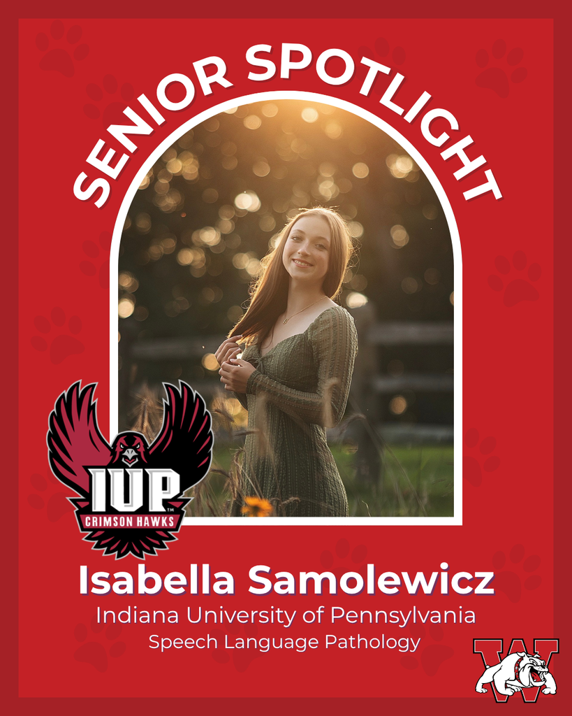 red graphic with paw prints with a students photo in the middle with their college logo in the corner along with their major and then a wilson logo on the other corner isabella samolewicz indiana university of pennsylvania speech language pathology 