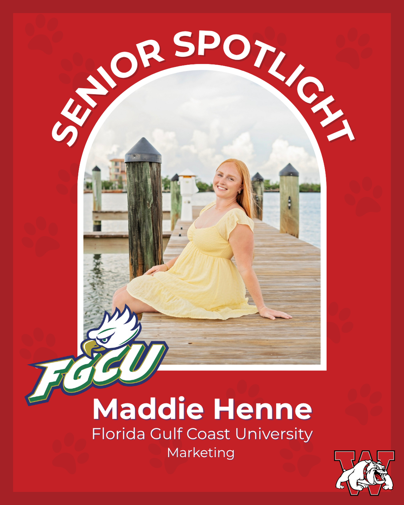 red graphic with paw prints with a students photo in the middle with their college logo in the corner along with their major and then a wilson logo on the other corner maddie henne flordia gold coast university marketing