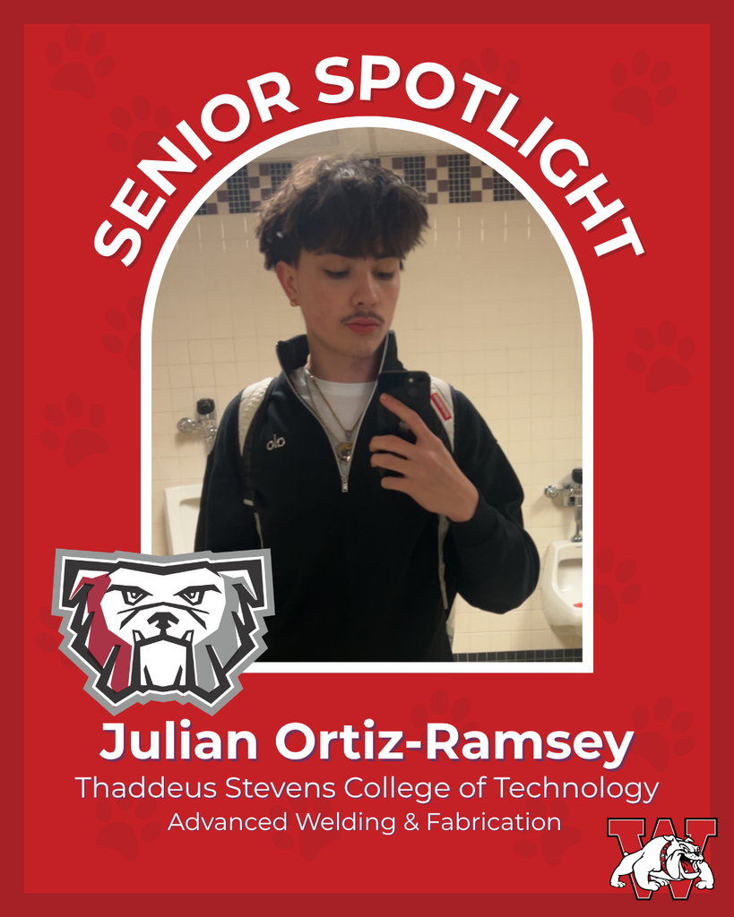 red graphic with paw prints with a students photo in the middle with their college logo in the corner along with their major and then a wilson logo on the other corner julian ortiz ramsey thaddeus stevens college of technology advanced welding and fabrication