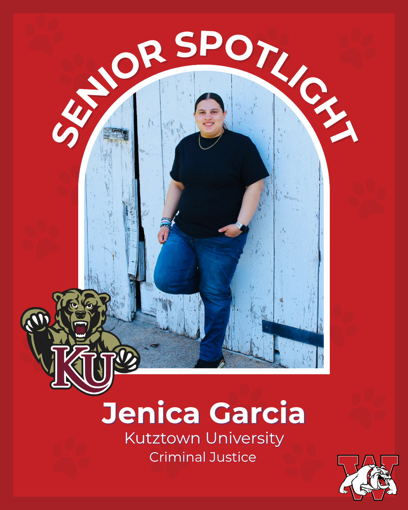 red graphic with paw prints with a students photo in the middle with their college logo in the corner along with their major and then a wilson logo on the other corner jenica garcia jutztown university criminal justice