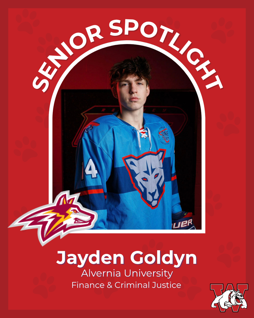 red graphic with paw prints with a students photo in the middle with their college logo in the corner along with their major and then a wilson logo on the other corner jayden goldyn alvernia university finance and criminal justice