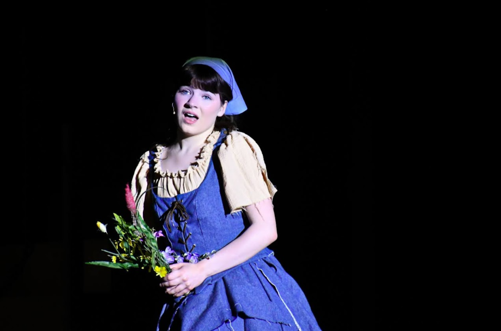 Cinderella singing in maid costume with flowers in hand
