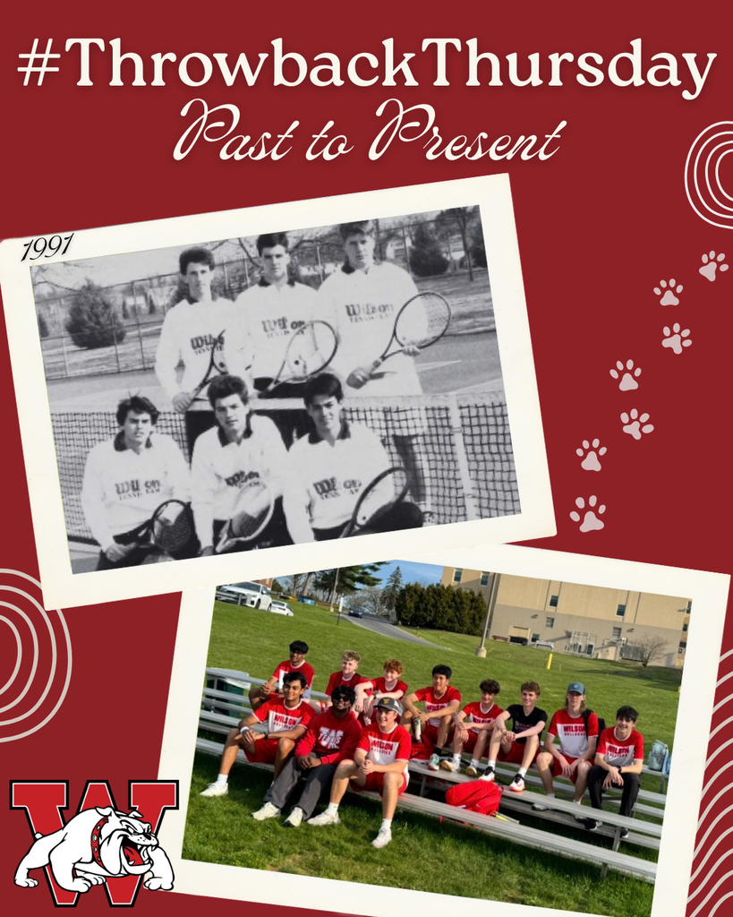 The image is a social media graphic with a red background and the heading “#ThrowbackThursday – Past to Present” at the top. It compares two tennis teams from different eras. The upper photo, labeled “1991,” is a black-and-white image of a group of young men in matching uniforms holding tennis rackets and posing on a court. Below it is a modern, full-color photo of a current boys’ tennis team बैठे on outdoor bleachers, dressed in red uniforms. The design includes decorative paw prints along the side and a bulldog logo with a large “W” in the corner, indicating a school team identity.