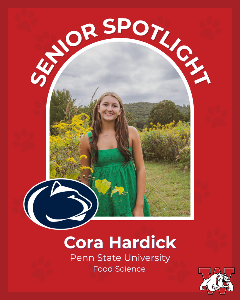red graphic with paw prints with a students photo in the middle with their college logo in the corner along with their major and then a wilson logo on the other corner cora hardick penn state univeristy food science