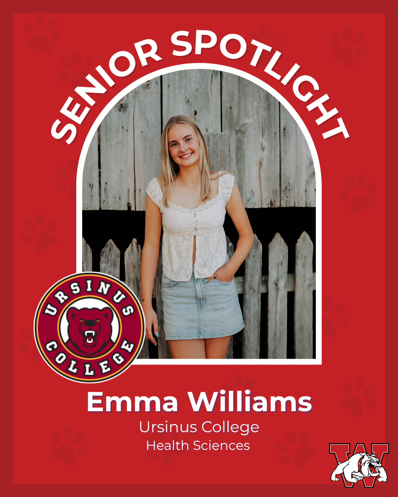 red graphic with paw prints with a students photo in the middle with their college logo in the corner along with their major and then a wilson logo on the other corner emma williams ursinus college health sciences