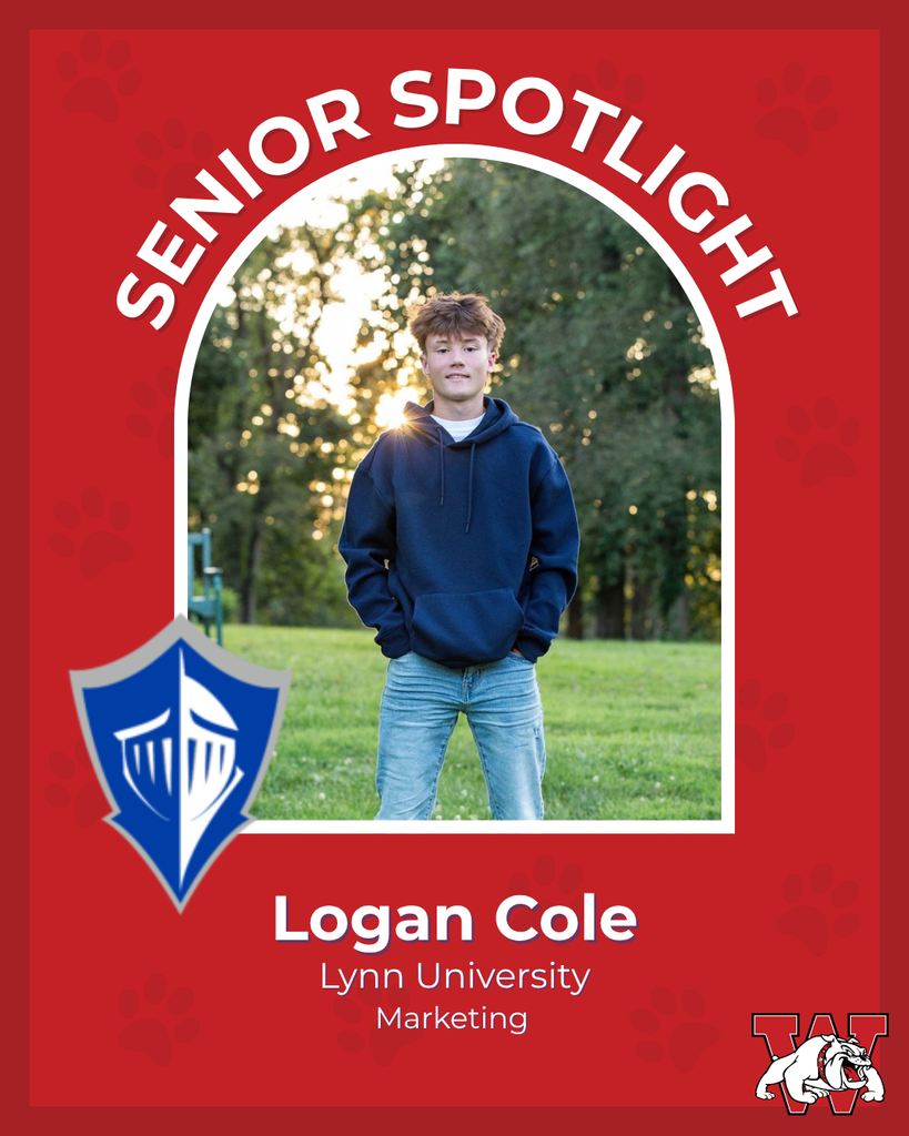 red graphic with paw prints with a students photo in the middle with their college logo in the corner along with their major and then a wilson logo on the other corner logan cole lynn university marketing