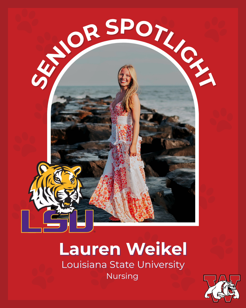 red graphic with paw prints with a students photo in the middle with their college logo in the corner along with their major and then a wilson logo on the other corner lauren weikel louisiana state university nursing