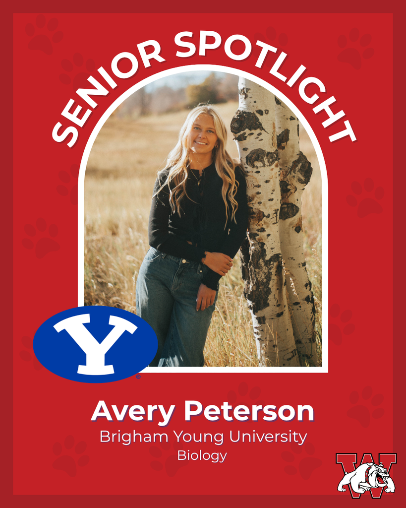 red graphic with paw prints with a students photo in the middle with their college logo in the corner along with their major and then a wilson logo on the other corner avery peterson brigham young university biology
