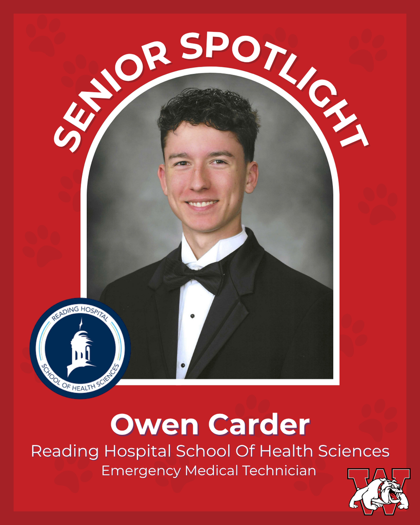 red graphic with paw prints with a students photo in the middle with their college logo in the corner along with their major and then a wilson logo on the other corner owen carder reading hospital school of health sciences emergency medical technician