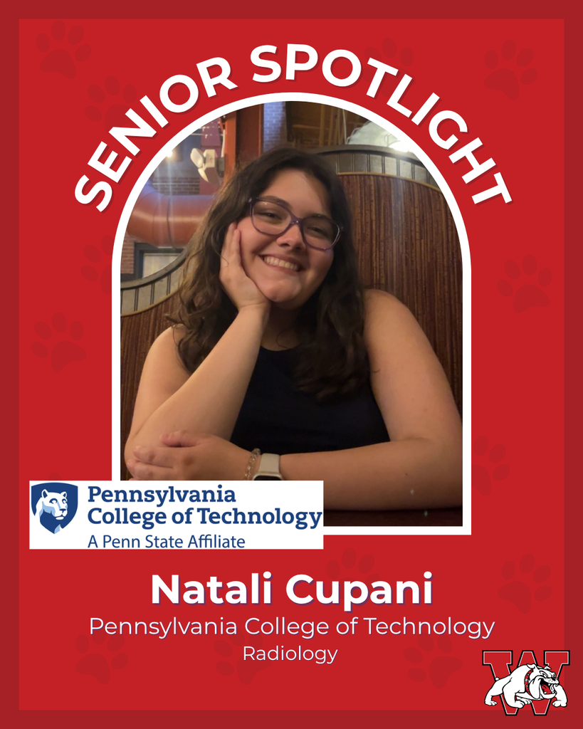 red graphic with paw prints with a students photo in the middle with their college logo in the corner along with their major and then a wilson logo on the other corner natali cupani pennslyvania college of technology radiogloy