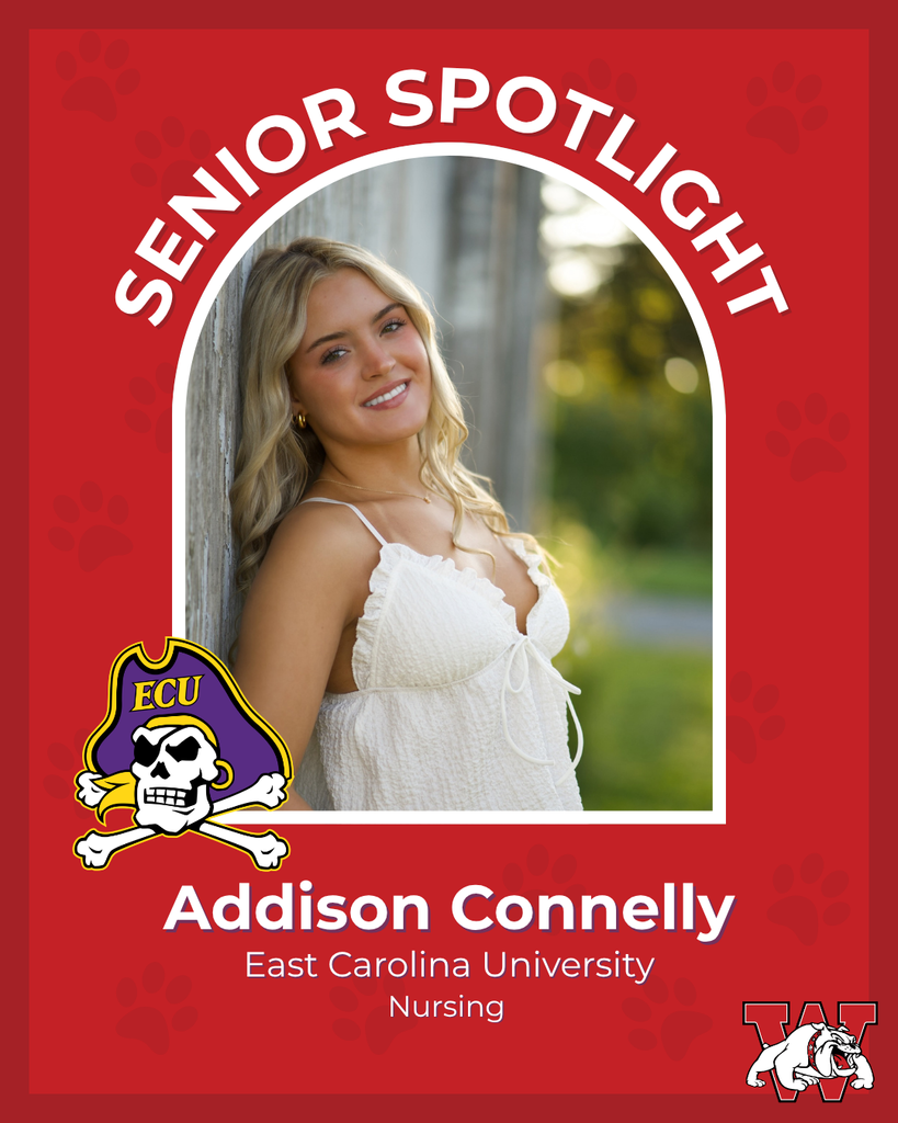 red graphic with paw prints with a students photo in the middle with their college logo in the corner along with their major and then a wilson logo on the other corner addison connelly east carolina university nursing