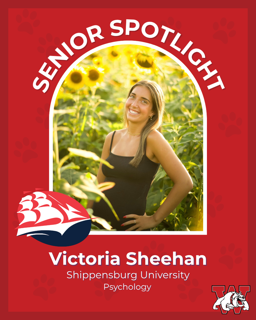 red graphic with paw prints with a students photo in the middle with their college logo in the corner along with their major and then a wilson logo on the other corner victoria sheehan shippensburg university psycology