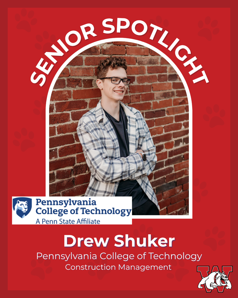 red graphic with paw prints with a students photo in the middle with their college logo in the corner along with their major and then a wilson logo on the other corner drew shuker pennsylvania college of technology construction managment