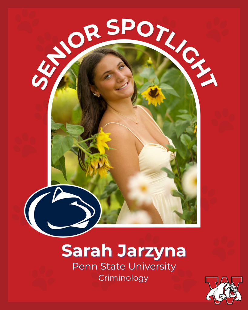 red graphic with paw prints with a students photo in the middle with their college logo in the corner along with their major and then a wilson logo on the other corner sarah jarzyna penn state unvieristy crimonology