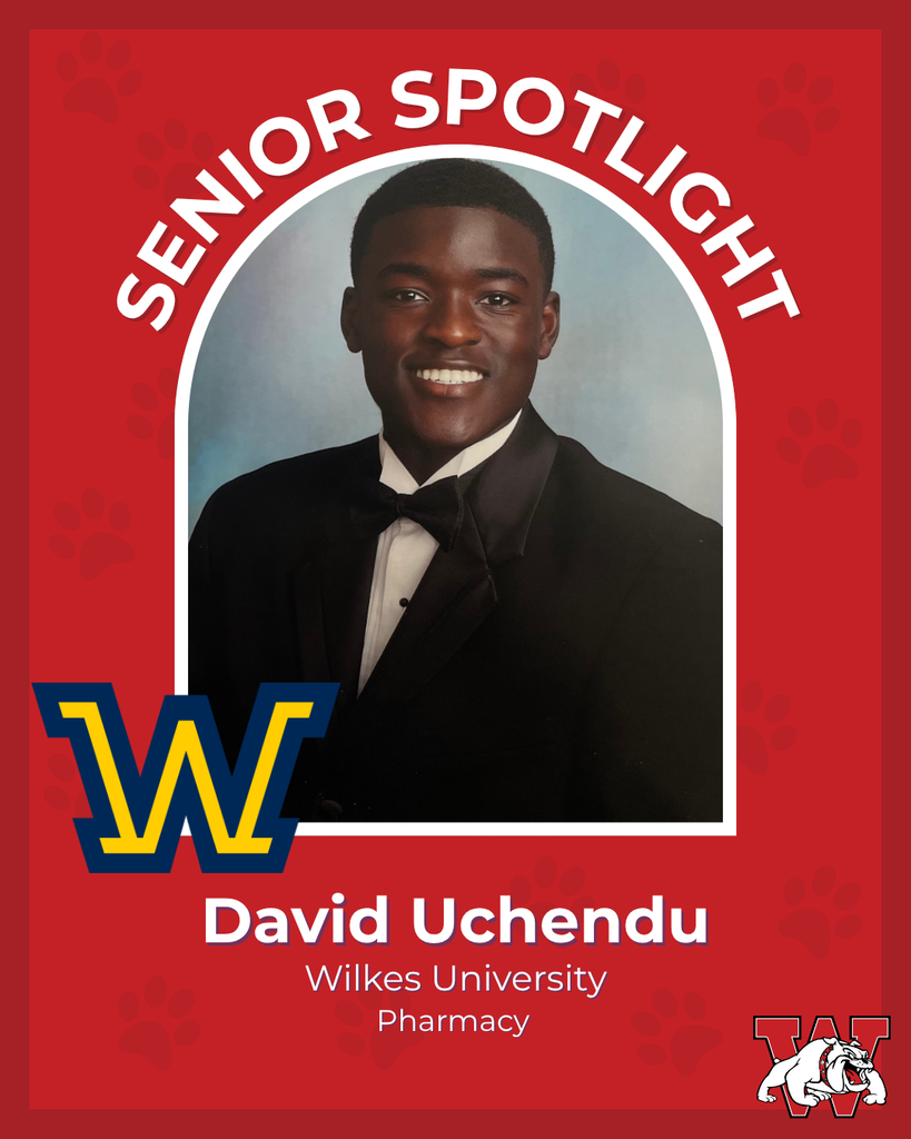 red graphic with paw prints with a students photo in the middle with their college logo in the corner along with their major and then a wilson logo on the other corner david uchendu wilkes univeristy pharmacy