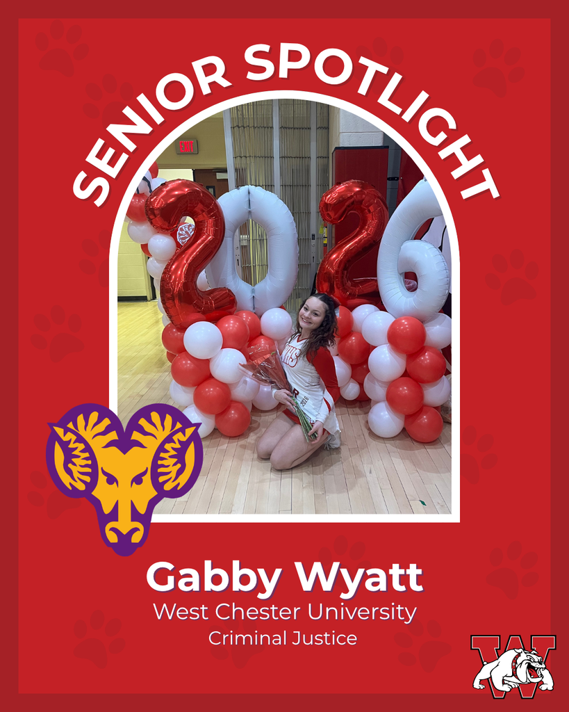 red graphic with paw prints with a students photo in the middle with their college logo in the corner along with their major and then a wilson logo on the other corner gabby wyatt west chester university criminal justice