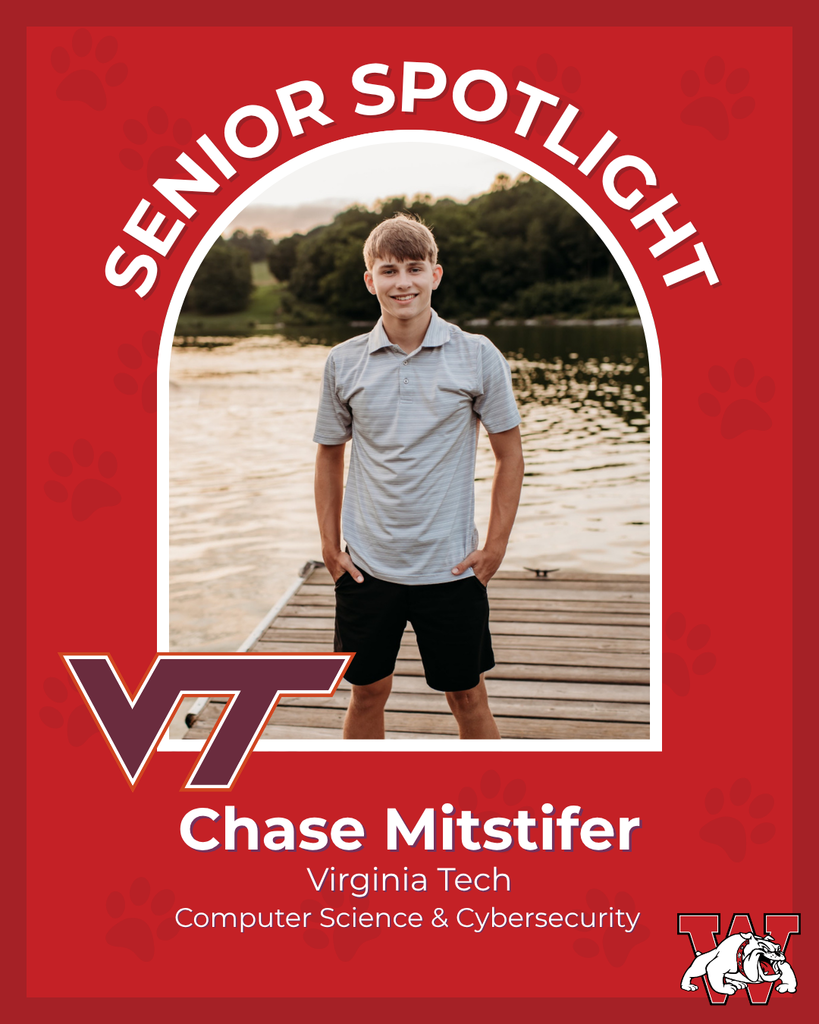 red graphic with paw prints with a students photo in the middle with their college logo in the corner along with their major and then a wilson logo on the other corner chase mitstifer virignia tech computer science and cybersecurity 