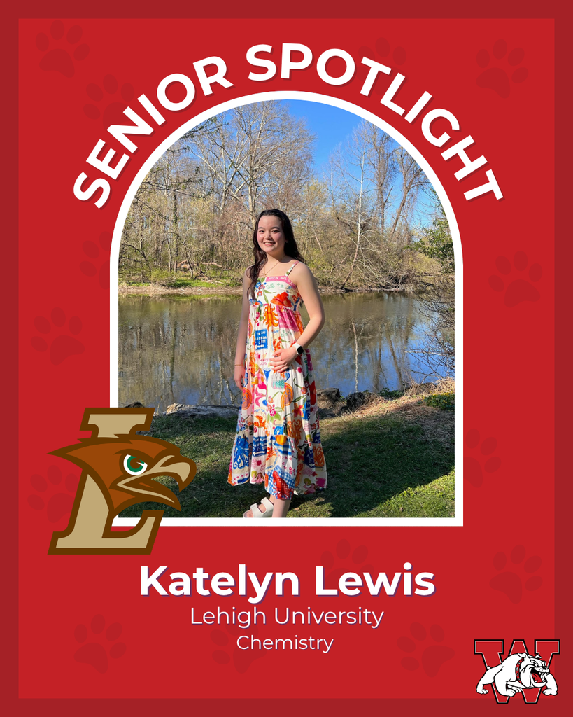 red graphic with paw prints with a students photo in the middle with their college logo in the corner along with their major and then a wilson logo on the other corner katelyn lewis lehigh university chemistry