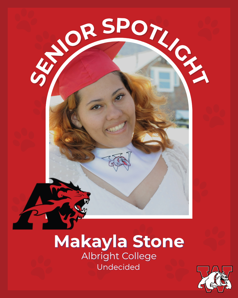 red graphic with paw prints with a students photo in the middle with their college logo in the corner along with their major and then a wilson logo on the other corner  makayla stone albright college undecided