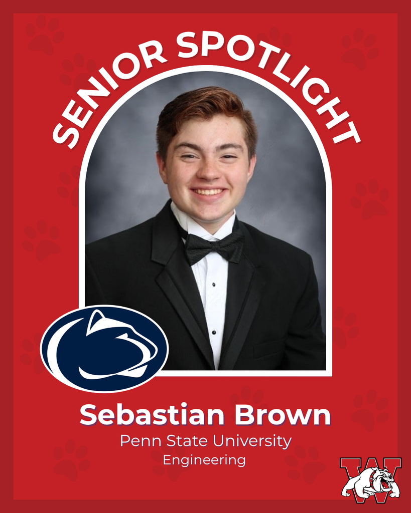 red graphic with paw prints with a students photo in the middle with their college logo in the corner along with their major and then a wilson logo on the other corner sebastion brown penn state university engineering