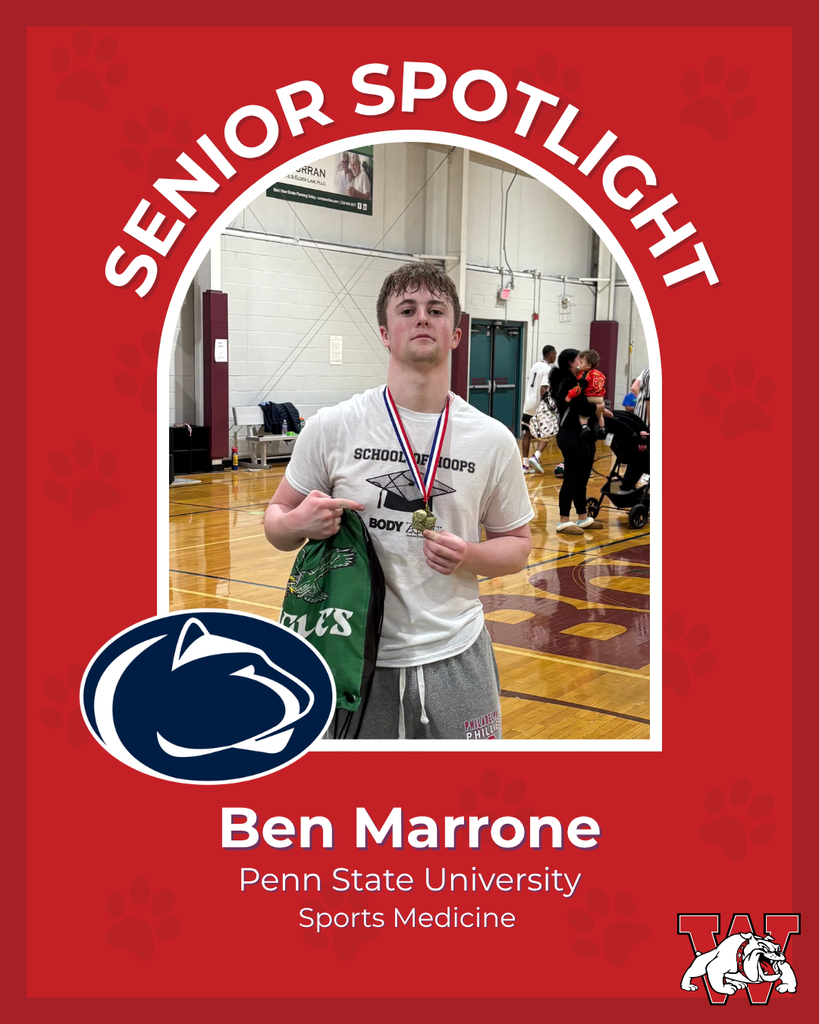 red graphic with paw prints with a students photo in the middle with their college logo in the corner along with their major and then a wilson logo on the other corner ben marrone penn state unvieristy sports medicine
