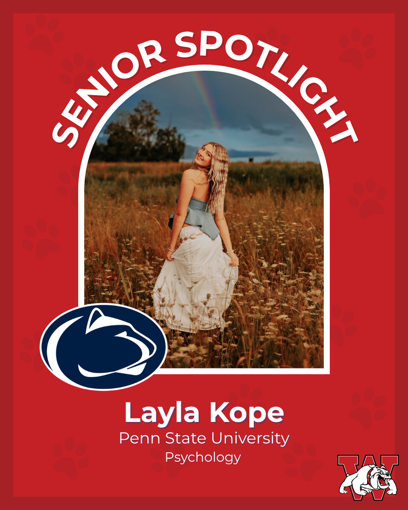 red graphic with paw prints with a students photo in the middle with their college logo in the corner along with their major and then a wilson logo on the other corner layla kope penn state unviersity psycology