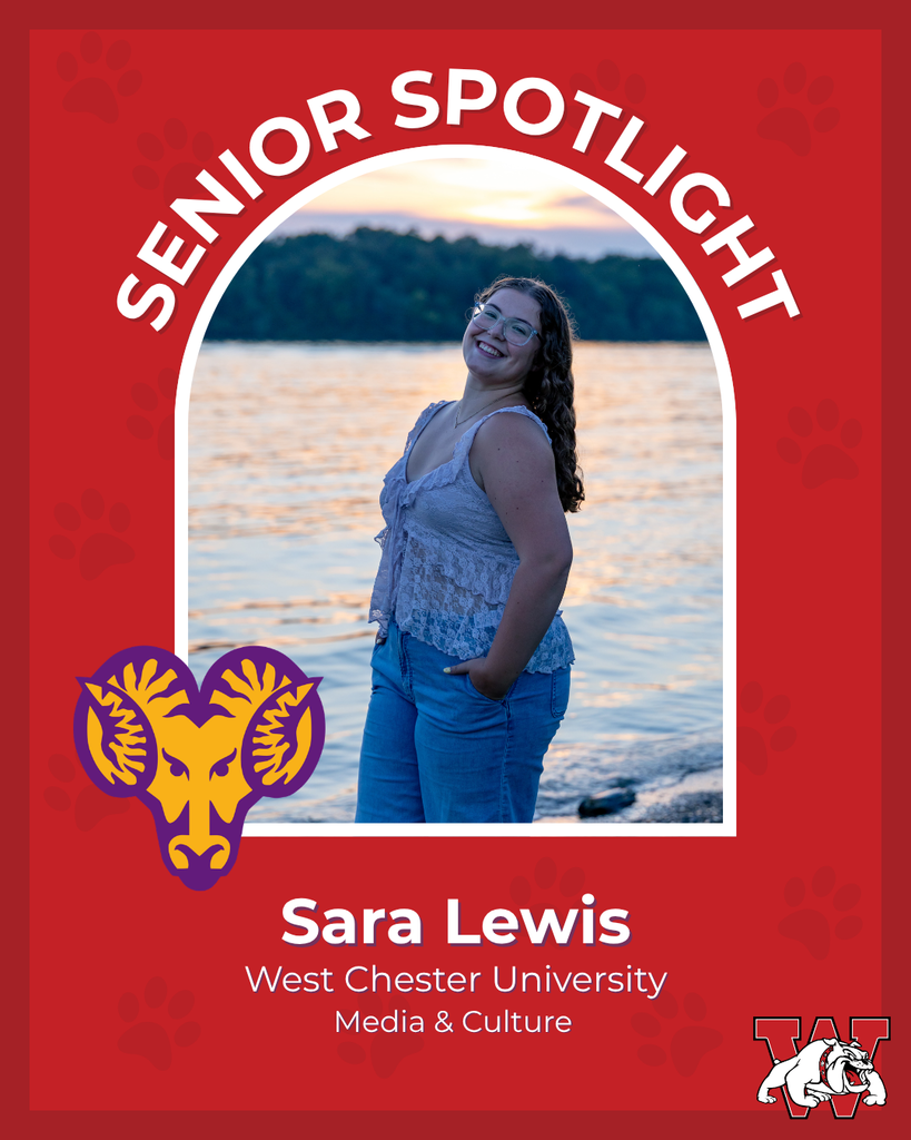 red graphic with paw prints with a students photo in the middle with their college logo in the corner along with their major and then a wilson logo on the other corner sara lewis west chester university media and cultre
