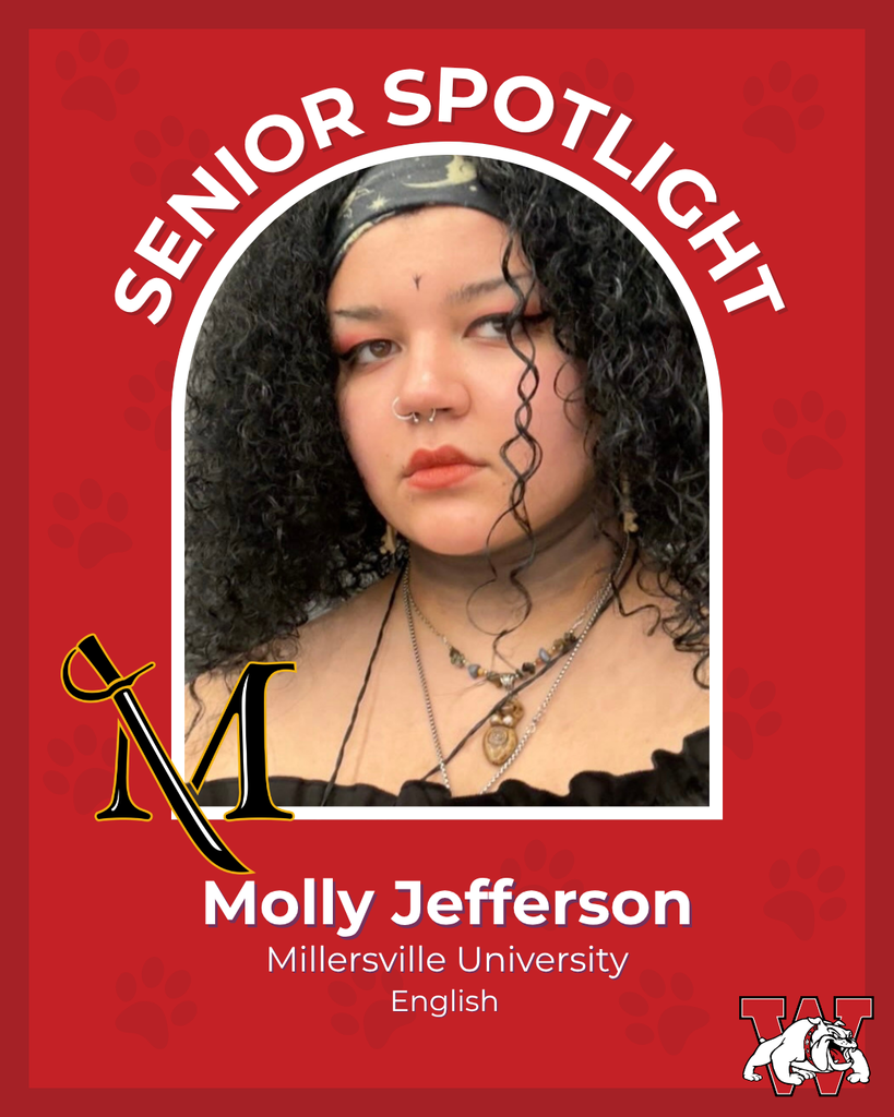 red graphic with paw prints with a students photo in the middle with their college logo in the corner along with their major and then a wilson logo on the other corner molly jefferson millersville university english