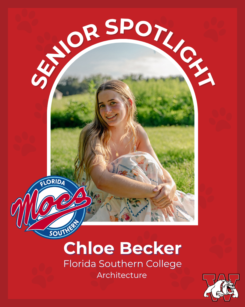 red graphic with paw prints with a students photo in the middle with their college logo in the corner along with their major and then a wilson logo on the other corner chloe becker florida southern college architecture