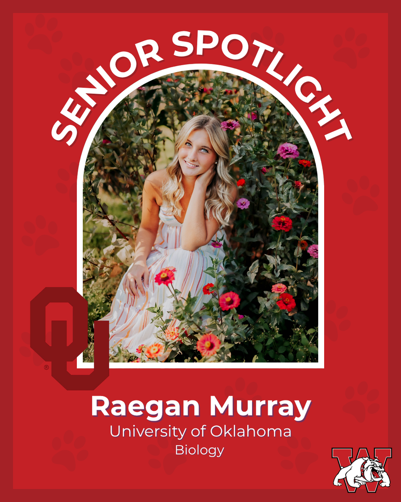 red graphic with paw prints with a students photo in the middle with their college logo in the corner along with their major and then a wilson logo on the other corner raegan murry unvieristy of oklahoma biology
